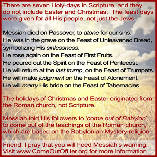 Scripture defines seven holy feast days, and Christmas and Easter are not among them